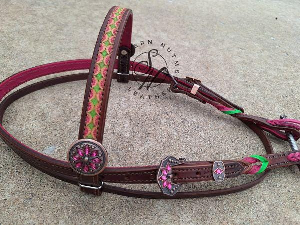 Dark Oil Tooled Pink and Lime Twists Headstall