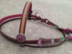 Dark Oil Tooled Pink and Lime Twists Headstall