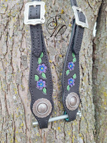 Black with Purple Flowers Tooled One Ear Headstall