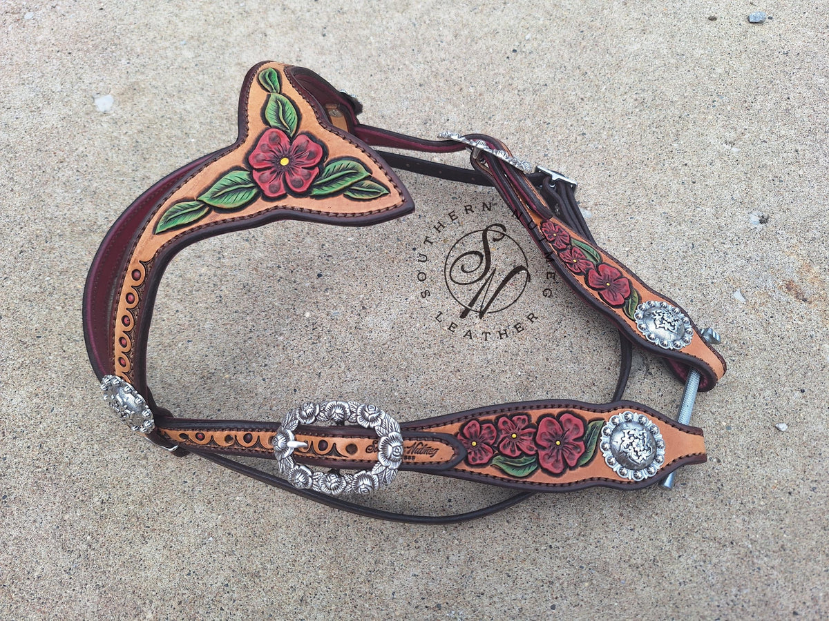 Carved Pink Floral Browband Headstall