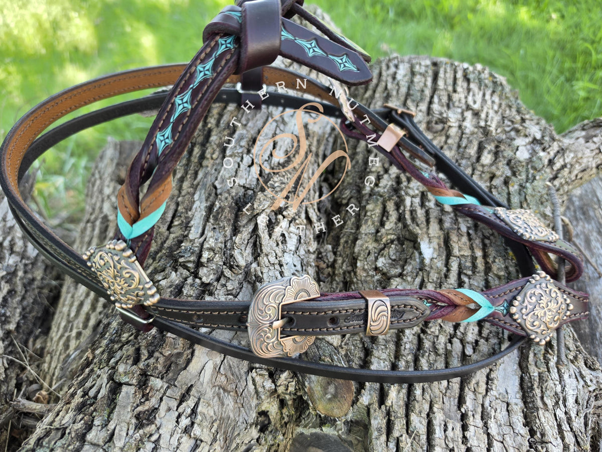 Chocolate, Wine, and Aqua Tooled Futurity Knot Browband Headstall