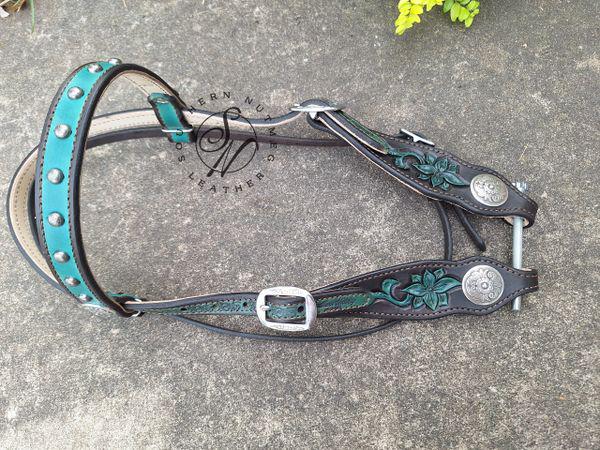 Carved Teal and Chocolate Browband Headstall with Cream Lining