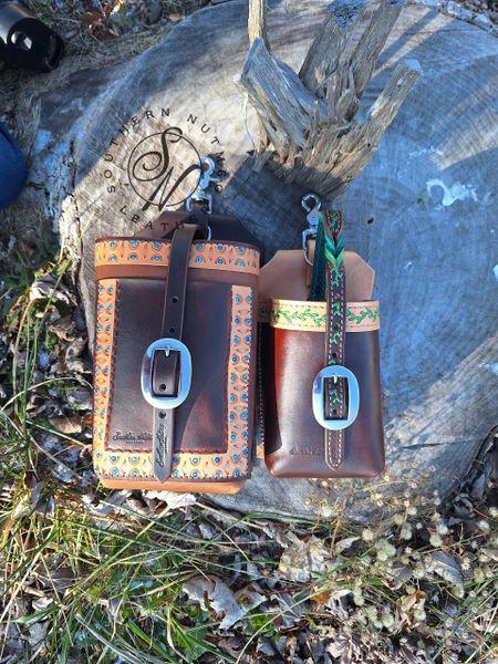 Water Bottle Saddle Bag Dark Oil and Tooled Green Vines