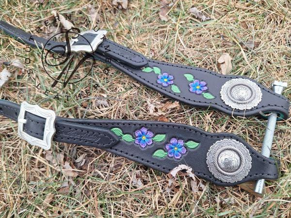 Black with Purple Flowers Tooled One Ear Headstall