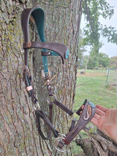 Chocolate and Turquoise Ergonomic Carved Side-Pull Headstall