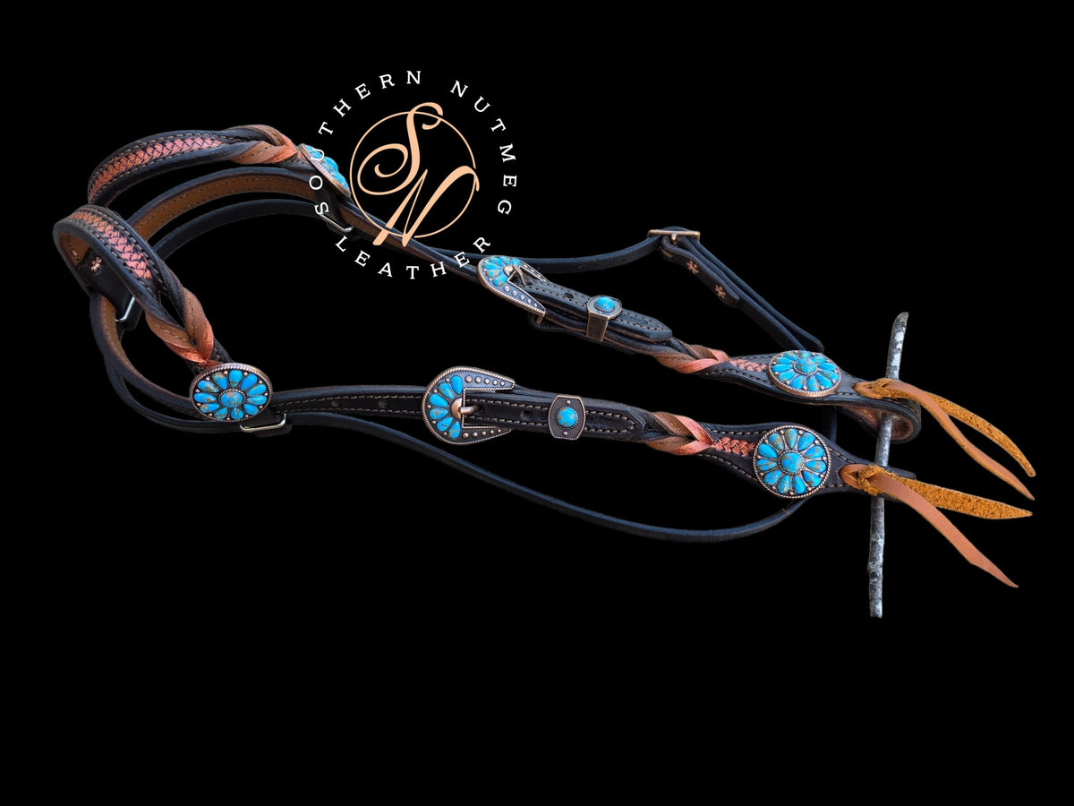 Two Ear, Copper, Chocolate, and Blue Headstall with Throat Latch