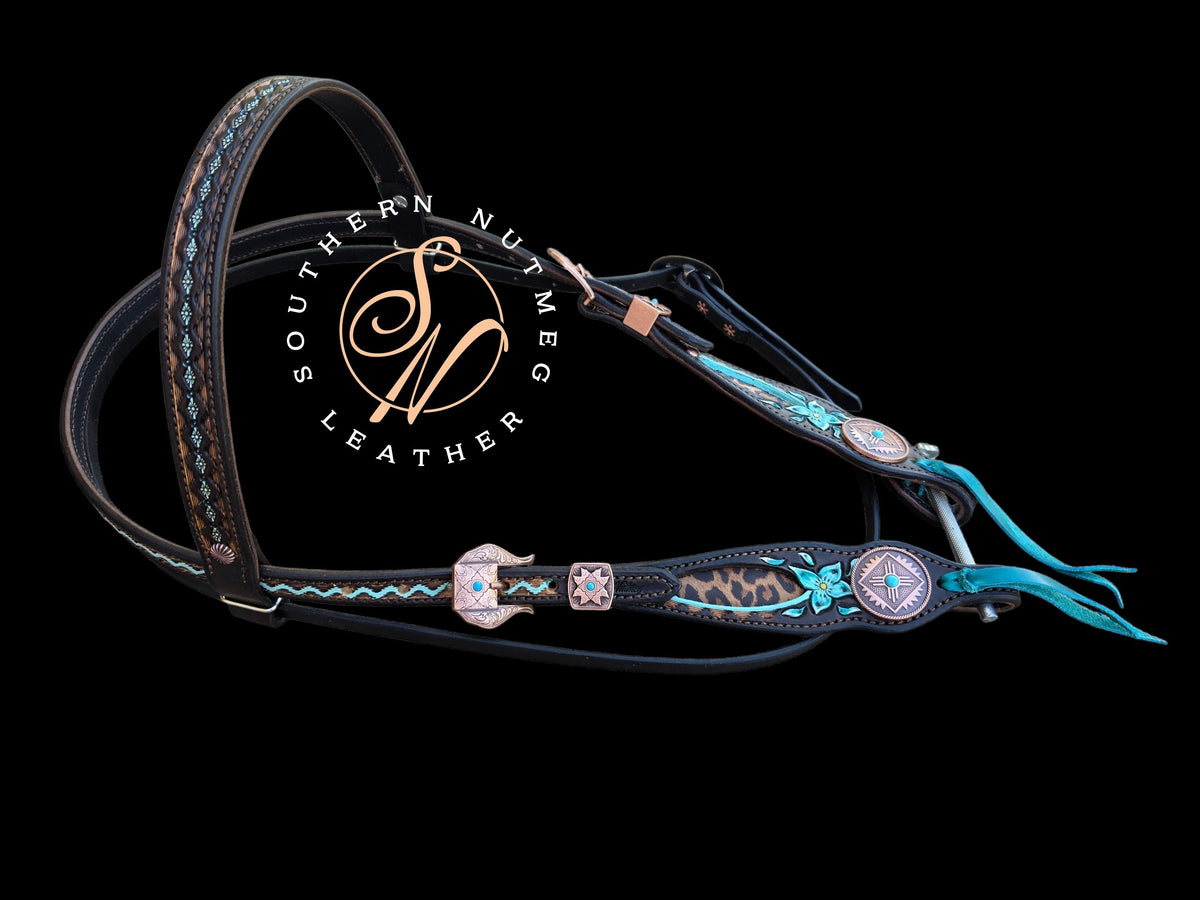 Draft Horse Leopard Turquoise Flowers Browband Headstall