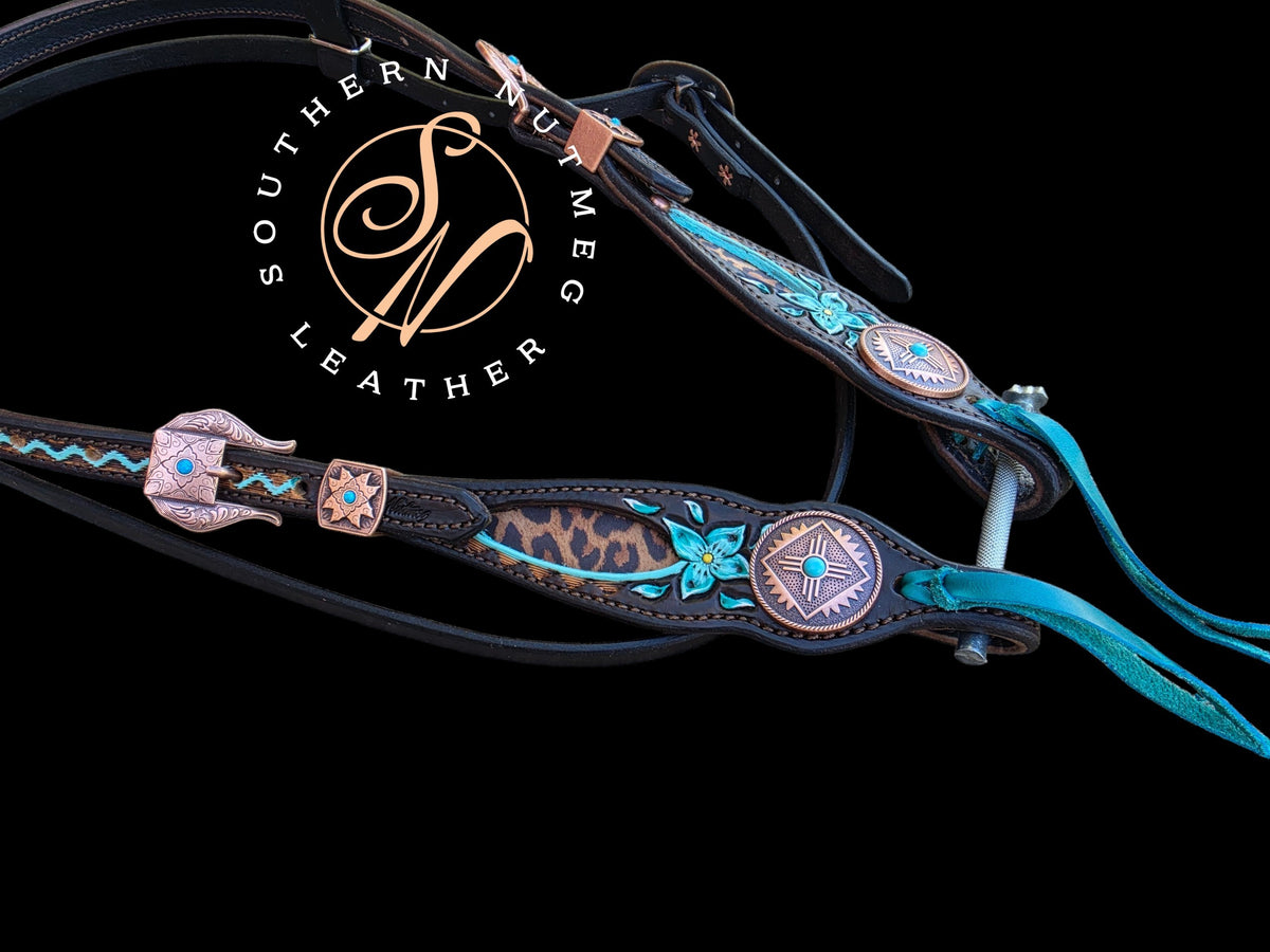 Draft Horse Leopard Turquoise Flowers Browband Headstall