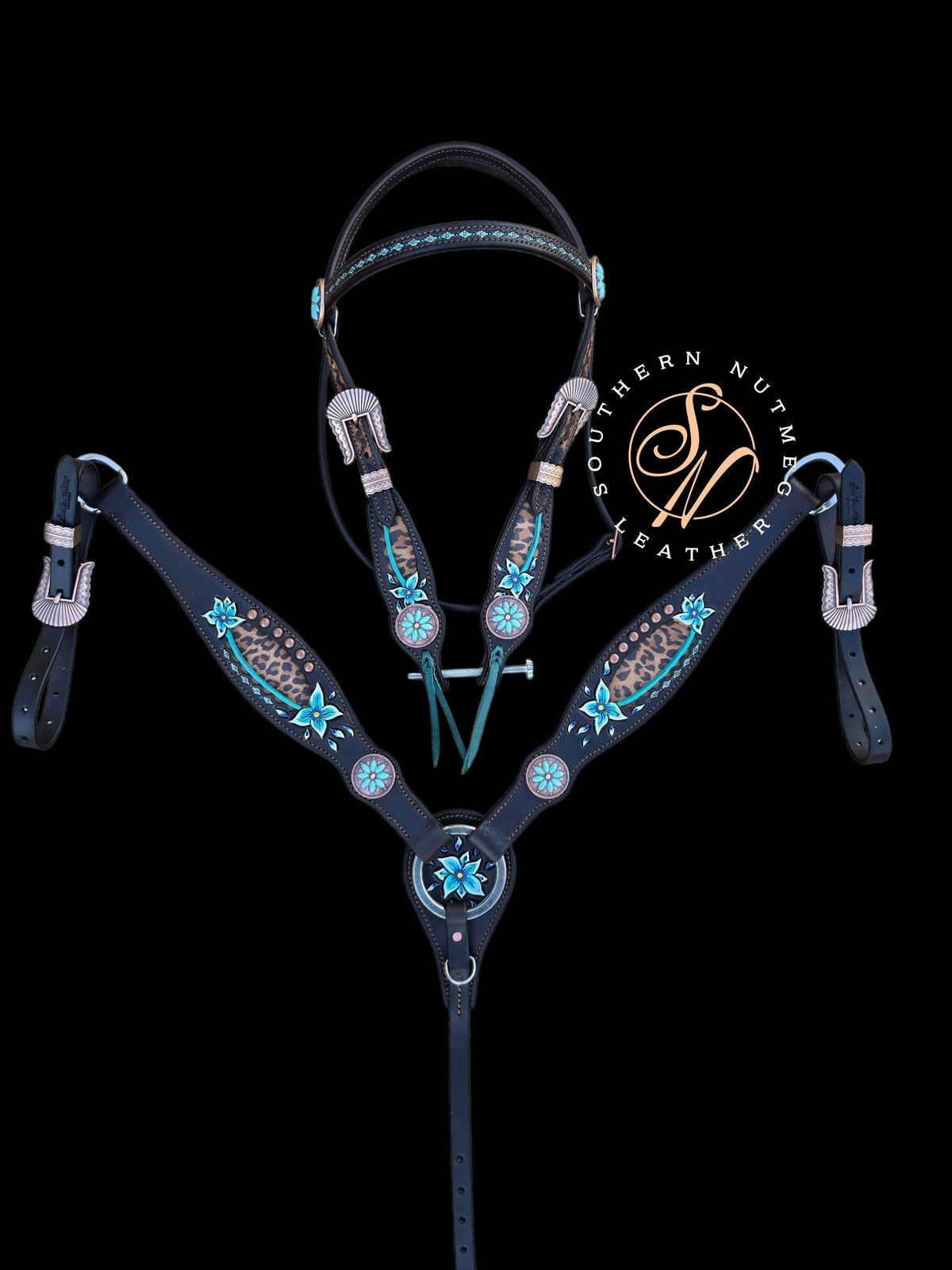 Leopard and Teal Floral Browband Tack Set