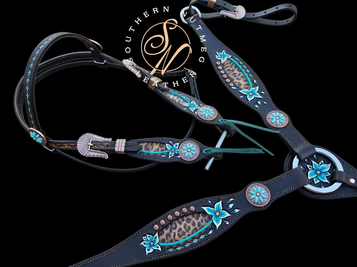 Leopard and Teal Floral Browband Tack Set