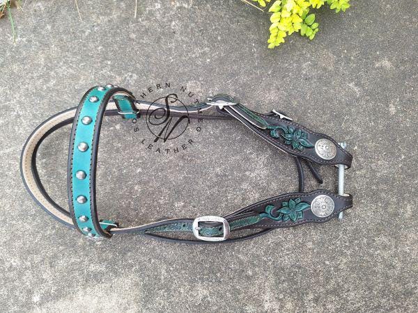 Carved Teal and Chocolate Browband Headstall with Cream Lining