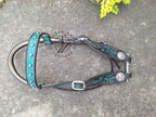 Carved Teal and Chocolate Browband Headstall with Cream Lining
