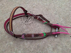 Dark Oil Tooled Pink and Lime Twists Headstall