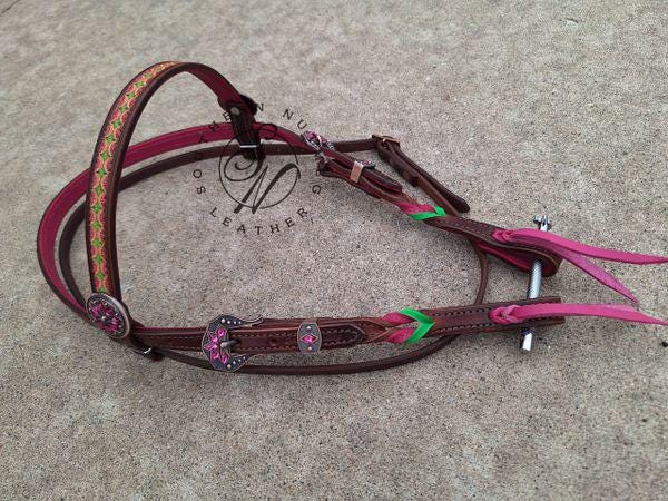Dark Oil Tooled Pink and Lime Twists Headstall