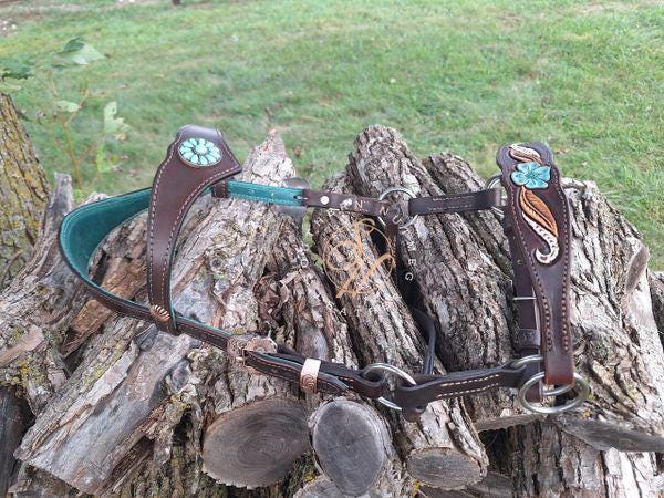 Chocolate and Turquoise Ergonomic Carved Side-Pull Headstall