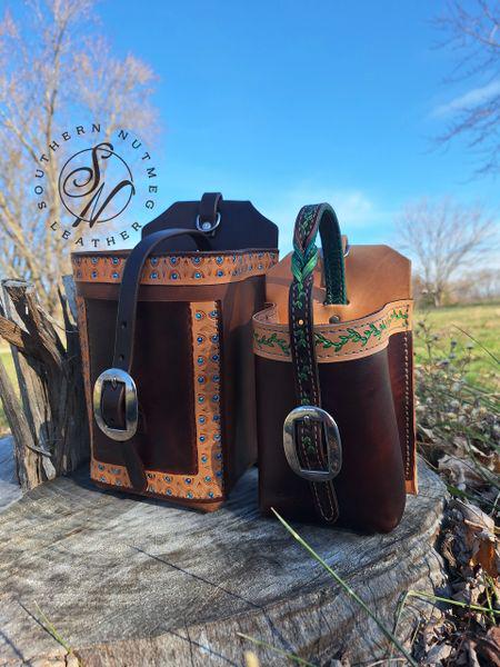 Water Bottle Saddle Bag Dark Oil and Tooled Green Vines