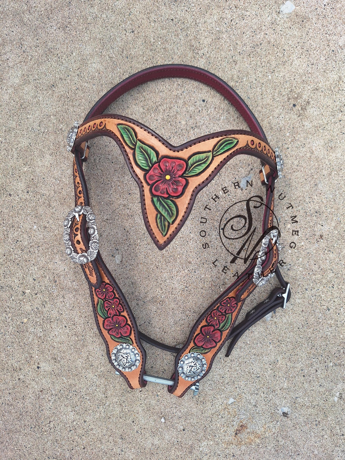 Carved Pink Floral Browband Headstall