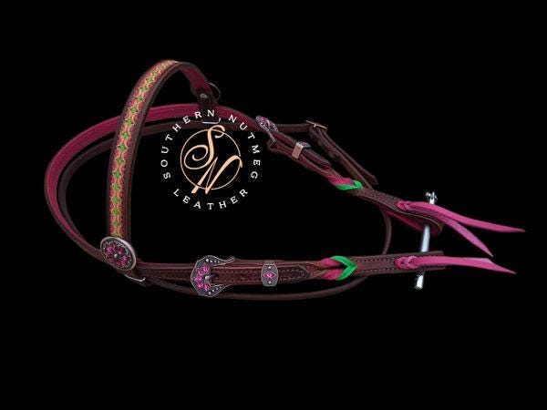 Dark Oil Tooled Pink and Lime Twists Headstall