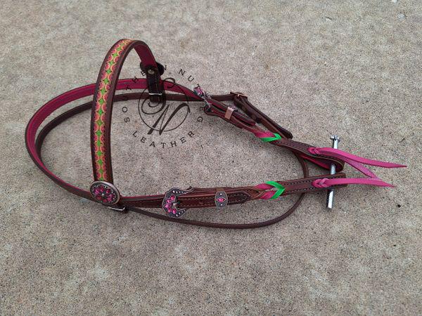 Dark Oil Tooled Pink and Lime Twists Headstall