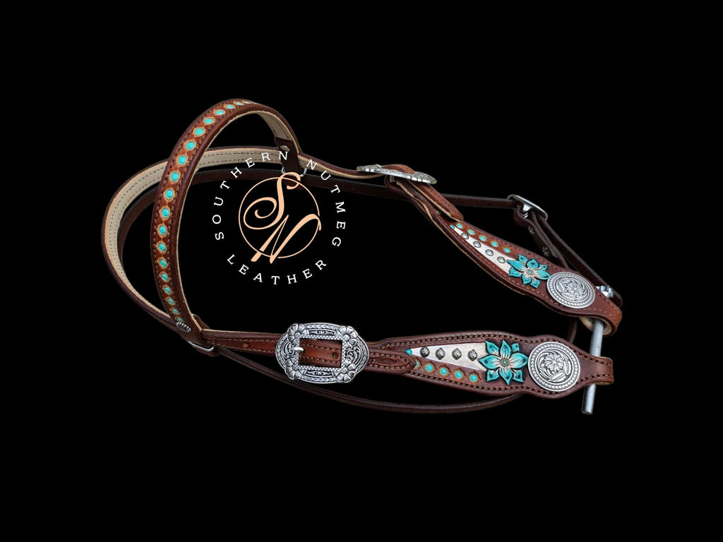 Medium Oil Turquoise Carved Flower Browband Headstall