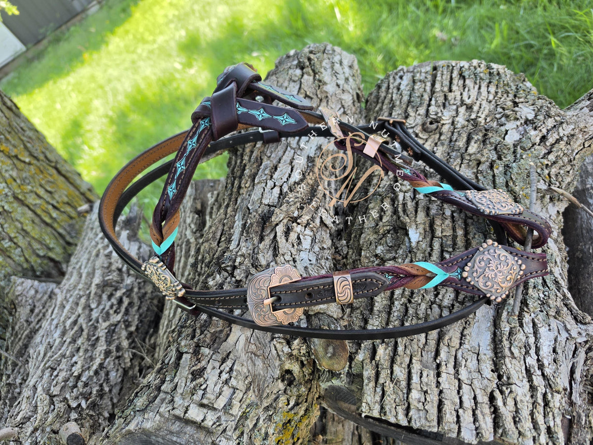 Chocolate, Wine, and Aqua Tooled Futurity Knot Browband Headstall