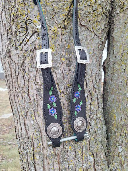 Black with Purple Flowers Tooled One Ear Headstall