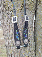 Black with Purple Flowers Tooled One Ear Headstall