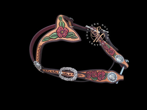 Carved Pink Floral Browband Headstall