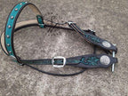 Carved Teal and Chocolate Browband Headstall with Cream Lining