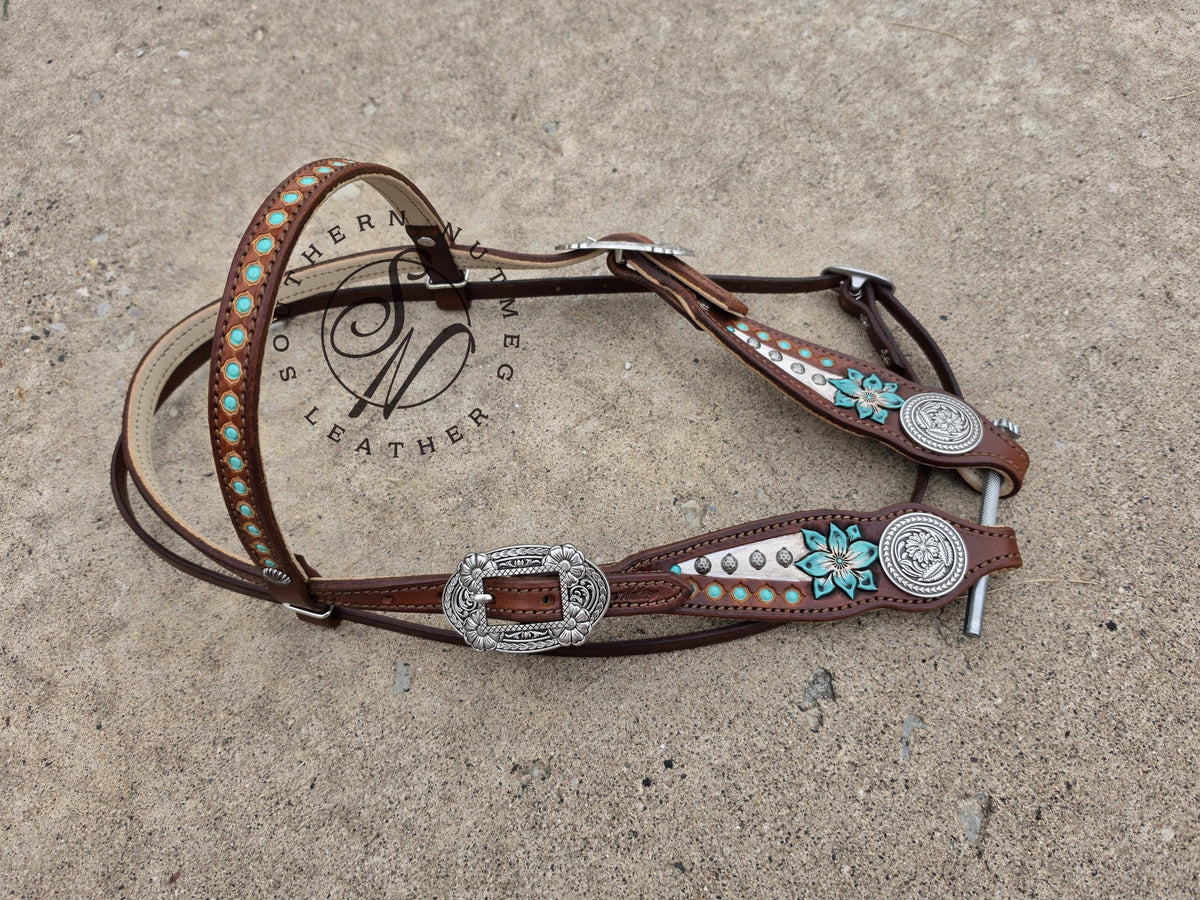 Medium Oil Turquoise Carved Flower Browband Headstall