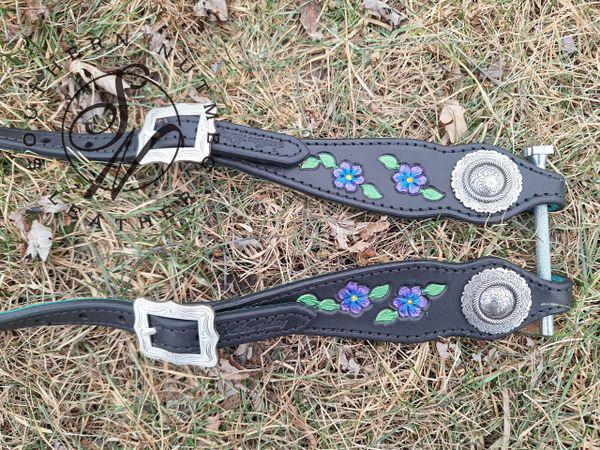 Black with Purple Flowers Tooled One Ear Headstall