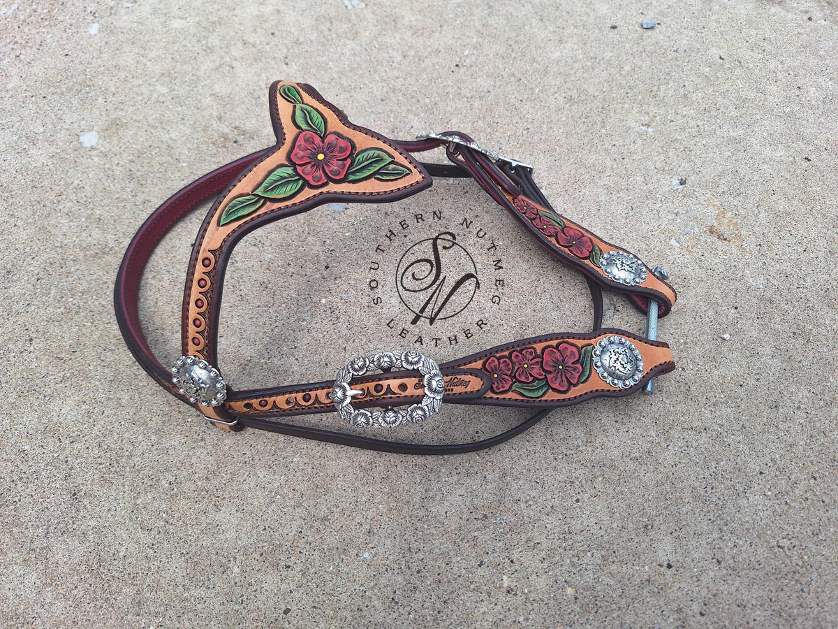 Carved Pink Floral Browband Headstall