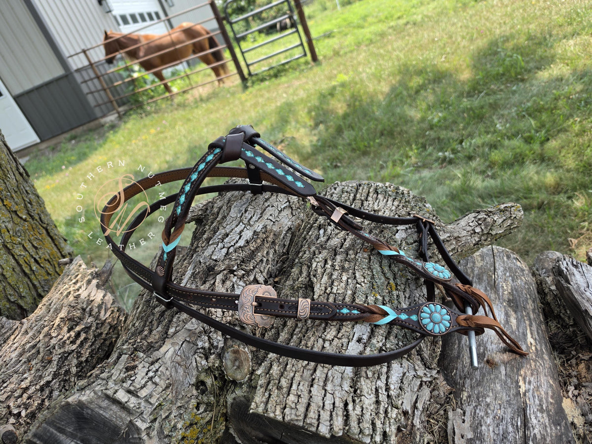 Small Draft Size Aztec Tooled Futurity Knot Browband Headstall