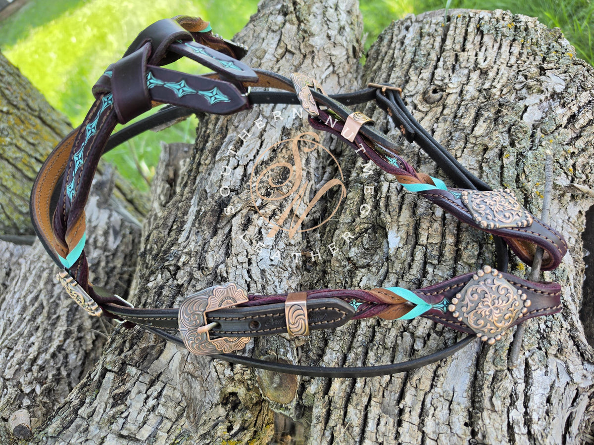 Chocolate, Wine, and Aqua Tooled Futurity Knot Browband Headstall