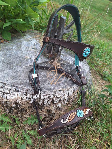 Chocolate and Turquoise Ergonomic Carved Side-Pull Headstall