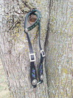 Black with Purple Flowers Tooled One Ear Headstall