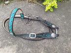 Carved Teal and Chocolate Browband Headstall with Cream Lining