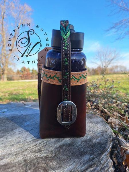 Water Bottle Saddle Bag Dark Oil and Tooled Green Vines