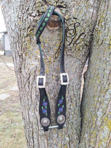 Black with Purple Flowers Tooled One Ear Headstall