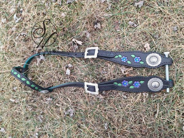 Black with Purple Flowers Tooled One Ear Headstall