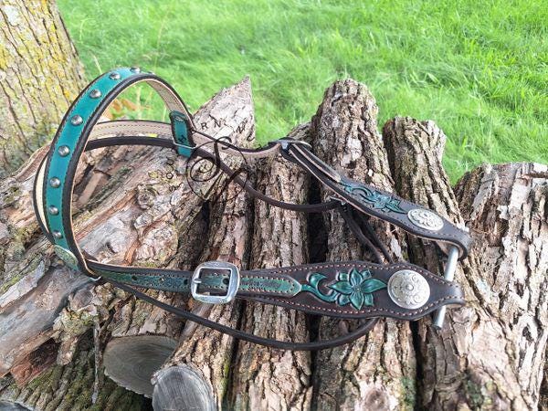Carved Teal and Chocolate Browband Headstall with Cream Lining