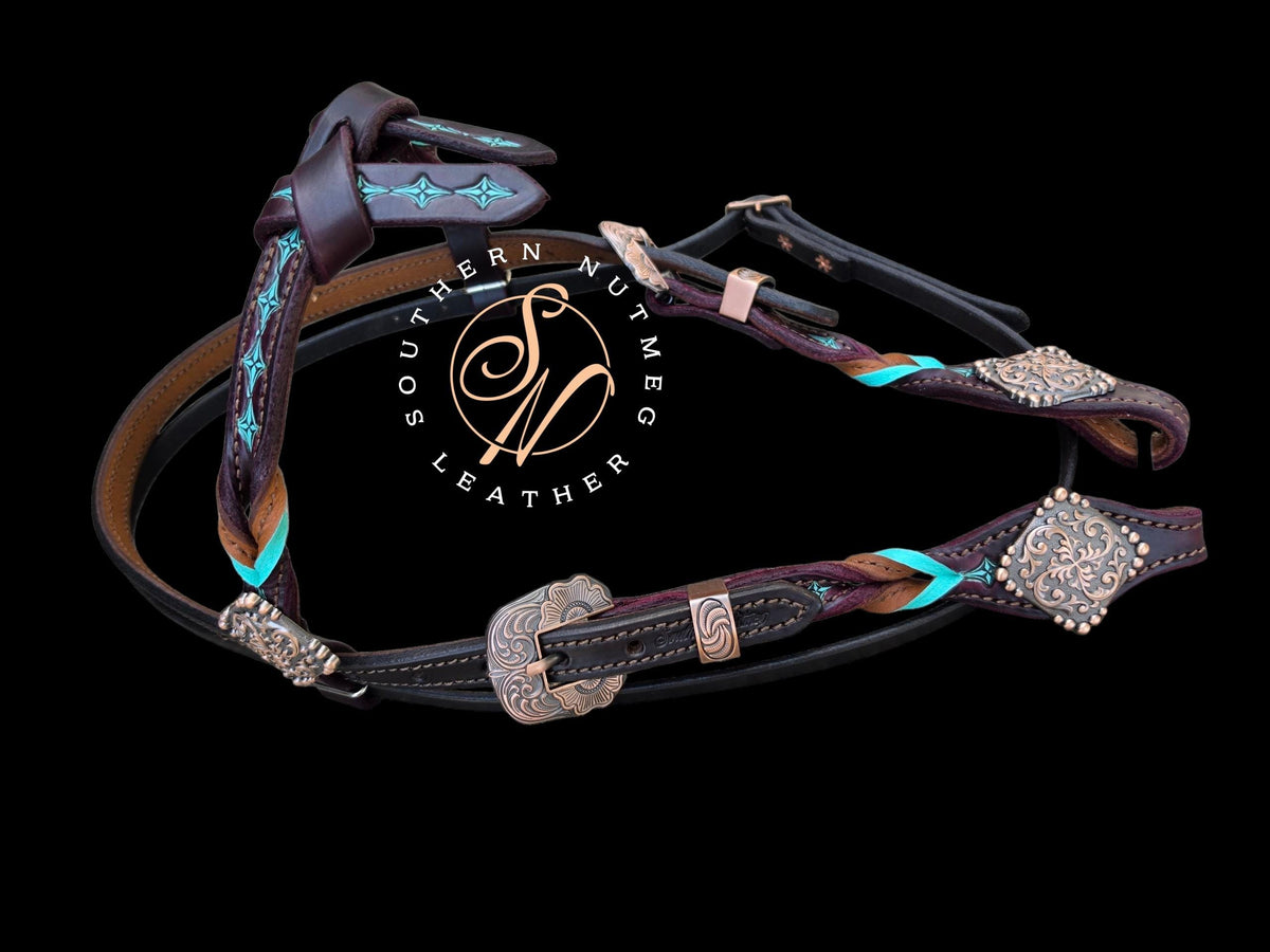 Chocolate, Wine, and Aqua Tooled Futurity Knot Browband Headstall