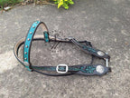 Carved Teal and Chocolate Browband Headstall with Cream Lining