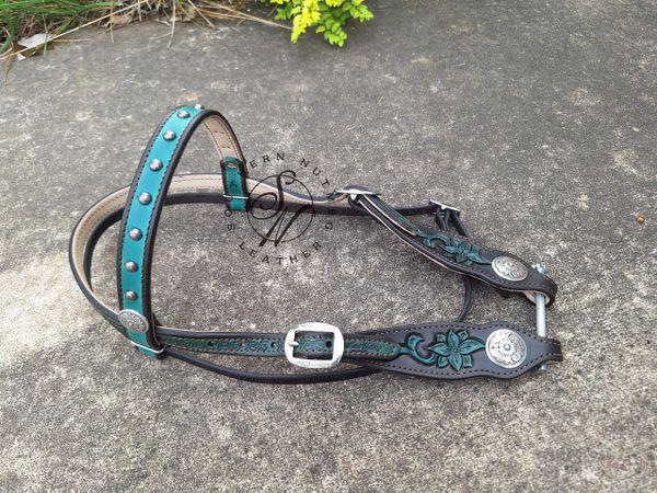 Carved Teal and Chocolate Browband Headstall with Cream Lining