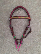 Dark Oil Tooled Pink and Lime Twists Headstall