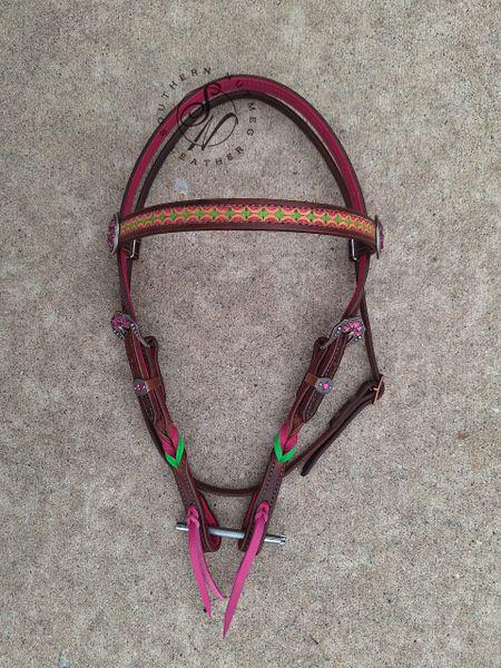 Dark Oil Tooled Pink and Lime Twists Headstall