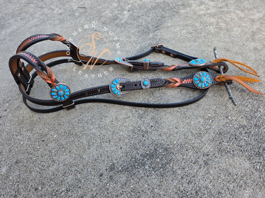 Two Ear, Copper, Chocolate, and Blue Headstall with Throat Latch