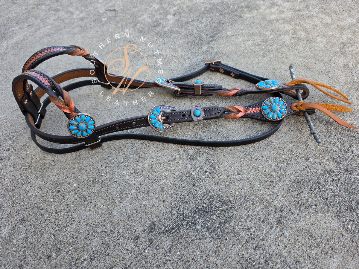Two Ear, Copper, Chocolate, and Blue Headstall with Throat Latch