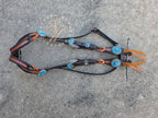 Two Ear, Copper, Chocolate, and Blue Headstall with Throat Latch