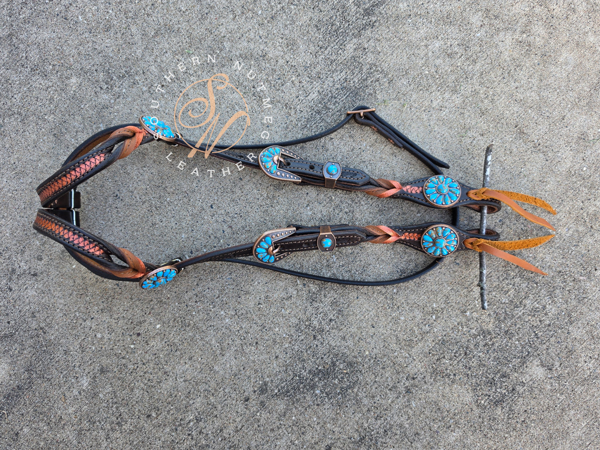 Two Ear, Copper, Chocolate, and Blue Headstall with Throat Latch